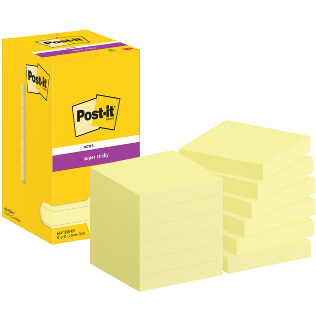 Memoblok Post-it 654 Super Sticky 76x76mm canary yellow 12 stuks