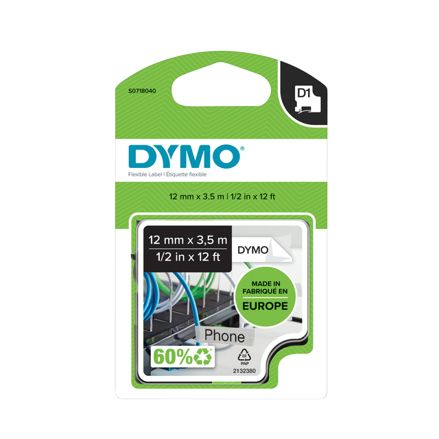 Labeltape Dymo LabelManager D1 nylon 12mm zwart op wit