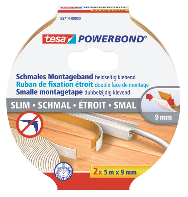 Dubbelzijdige montagetape tesa® Powerbond Small 5mx9mm wit 2 stuks