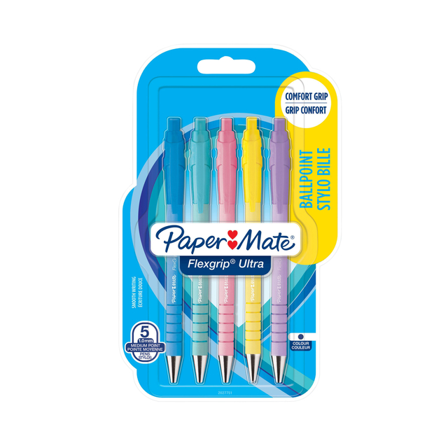 Balpen Paper Mate Flexgrip Ultra pastel medium schrijfkleur blauw blister à 5 stuks