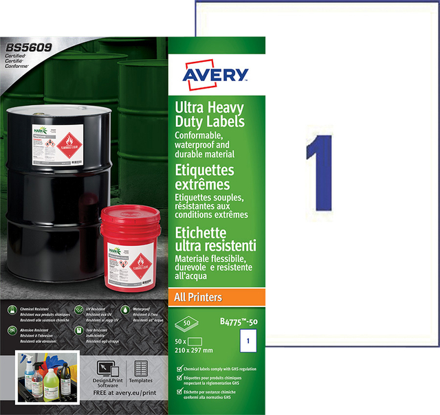 Etiket Avery B4775-50 210x297mm polyethyleen wit 50 etiketten