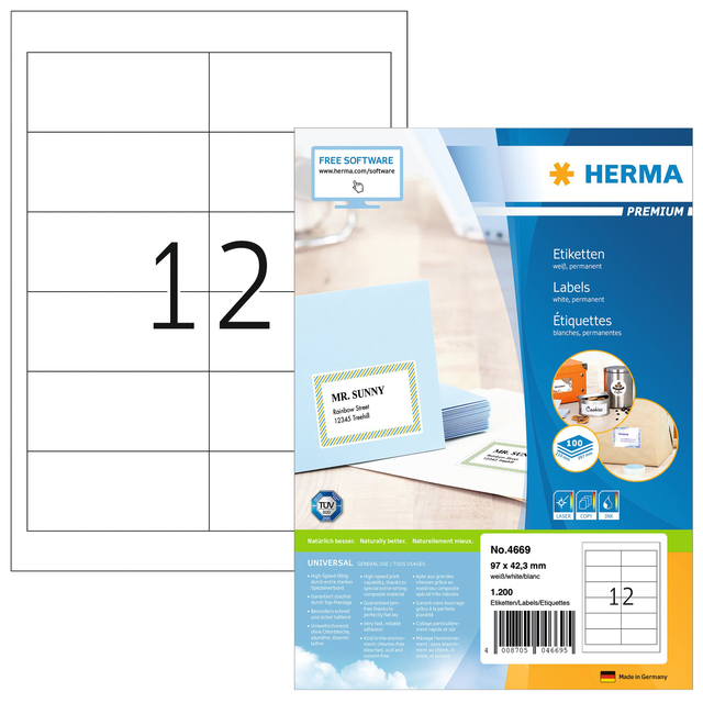 Etiket HERMA 4669 97x42.3mm premium wit 1200stuks