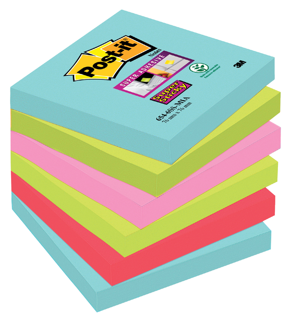 Memoblok Post-it 654 Super Sticky 76x76mm Cosmic 6 stuks