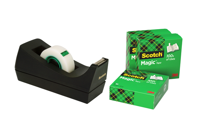 Plakbandhouder Scotch C38 zwart + 4 rollen magic tape 19mmx33m