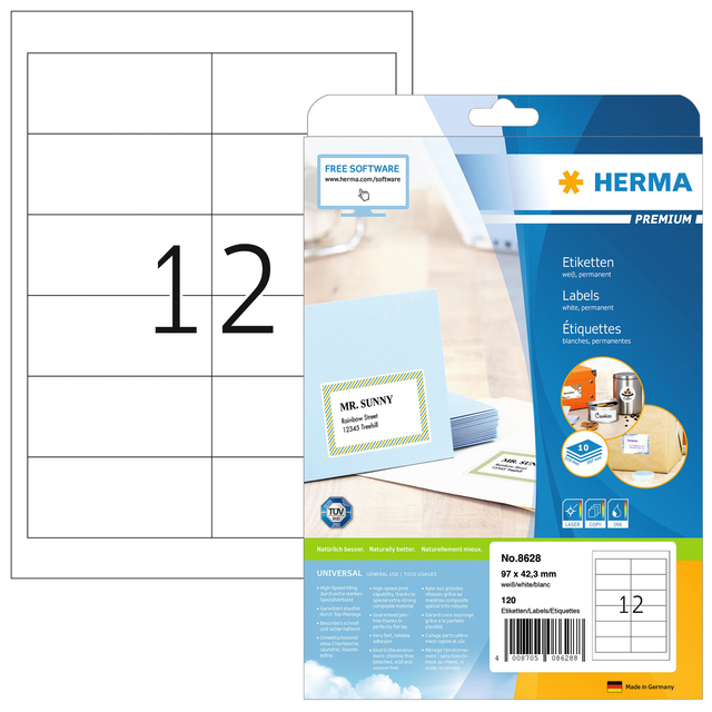 Etiket HERMA 8628 97x42.3mm premium wit 120stuks