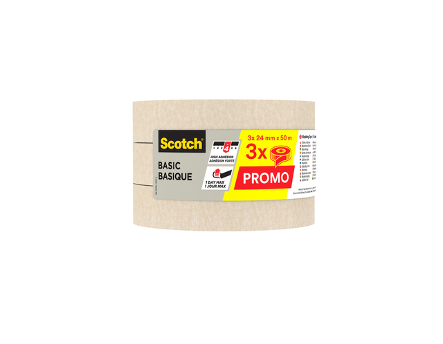 Afplaktape Scotch Basic 24mmx50m beige 3 rollen