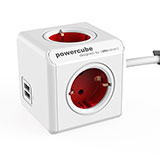 Allocacoc PowerCube Extended, stekkerdoos met USB poorten, 4 sockets, 1.5m, wit/rood