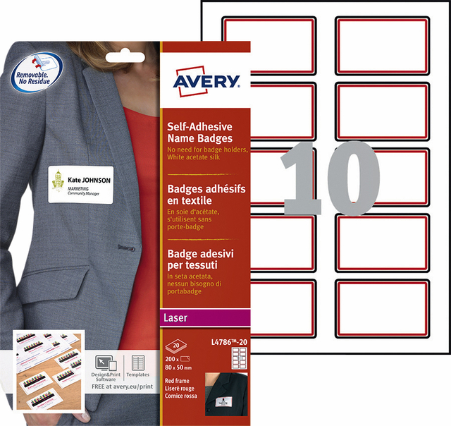 Naambadge etiket Avery L4786-20 80x50mm rood kader 200 etiketten