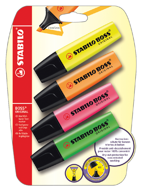 Markeerstift STABILO BOSS Original 70/4 assorti blister à 4 stuks