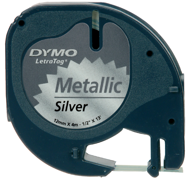 Labeltape Dymo LetraTag metallic 12mm zwart op zilver