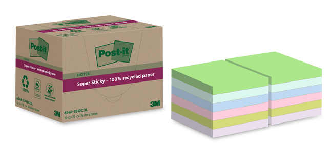 Memoblok Post-it 654 RSS12COL 76x76mm recycled colour notes pastel 12 stuks