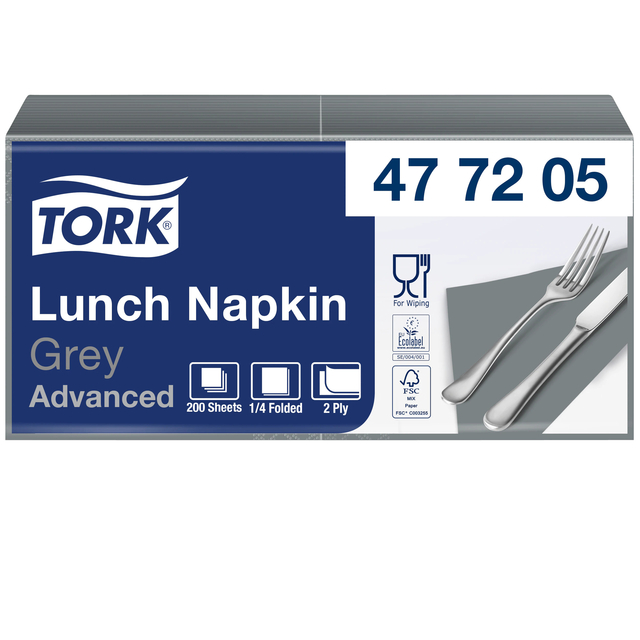 Lunchservet Tork Advanced 1/4 vouw 2-laags 328x325mm 200 vel grijs 477205