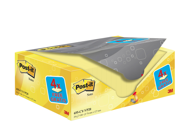 Memoblok 3M Post-it 655 76x127mm geel 16 + 4 gratis