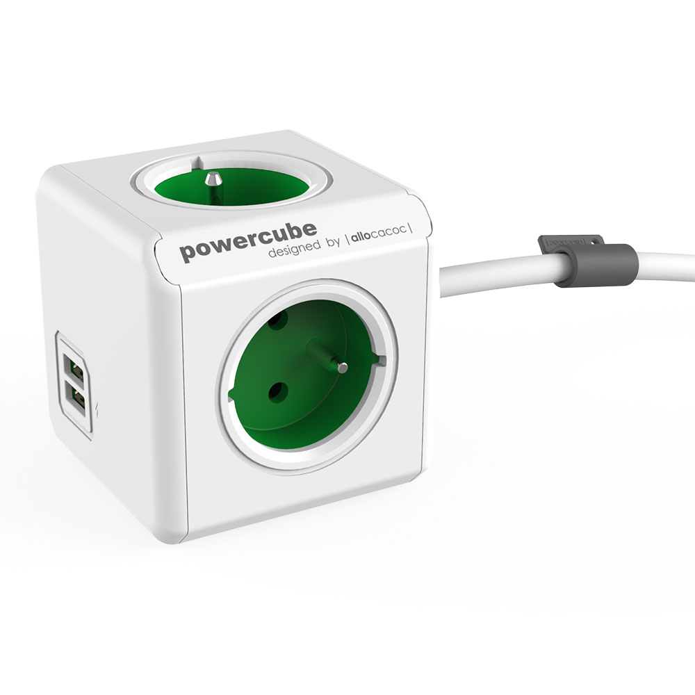 Allocacoc PowerCube Extended, stekkerdoos met USB poorten, 3 sockets type E, 1.5m, wit/groen