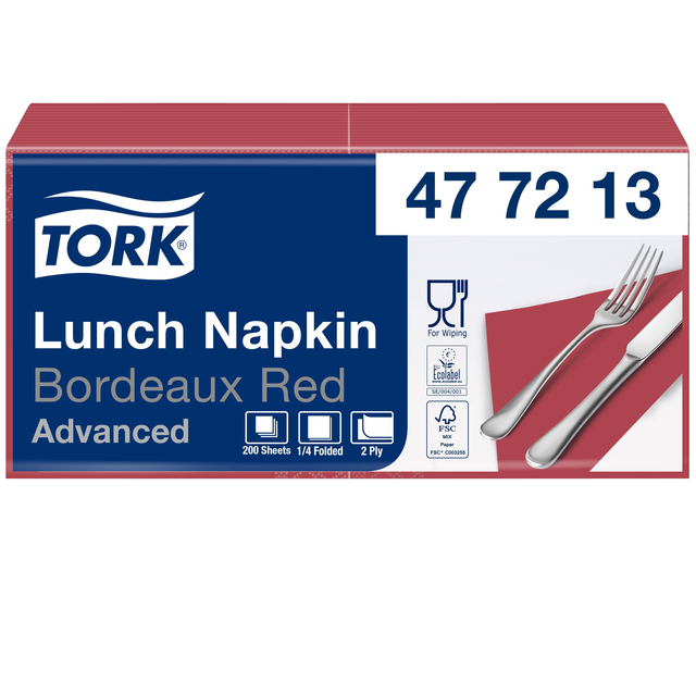 Lunchservet Tork Advanced 1/4 vouw 2-laags 328x325mm 200 vel bordeauxrood 477213