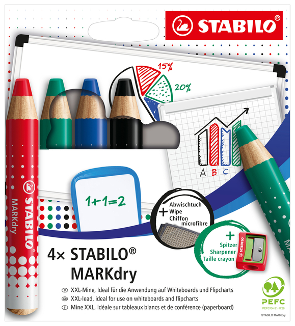 Whiteboardpotlood STABILO MARKdry 648/4 inclusief slijper en microvezeldoek assorti etui à 4 stuks