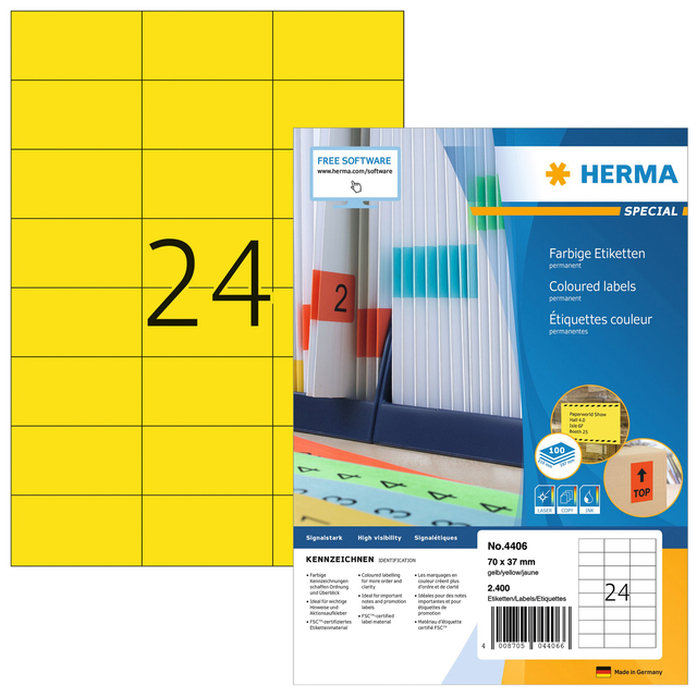 Etiket HERMA 4406 70x37mm geel 2400 etiketten