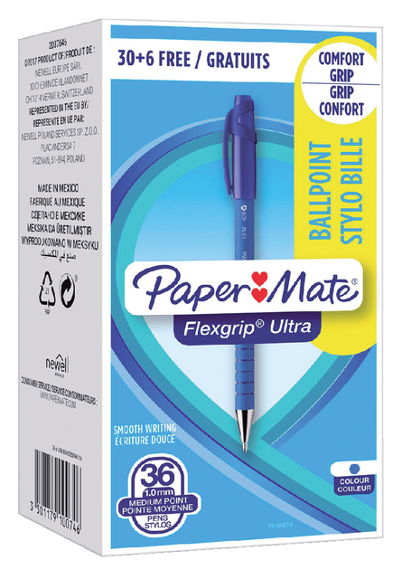 Balpen Paper Mate Flexgrip Ultra medium blauw valuepack 30+6 gratis