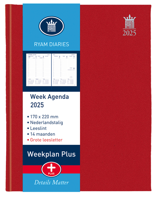 Agenda 2025 Ryam Weekplan Plus Mercury 7dagen/2pagina's rood