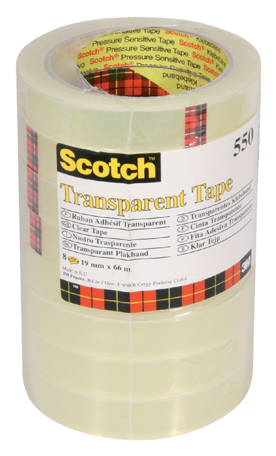 Plakband Scotch 550 19mmx66m transparant 8 rollen