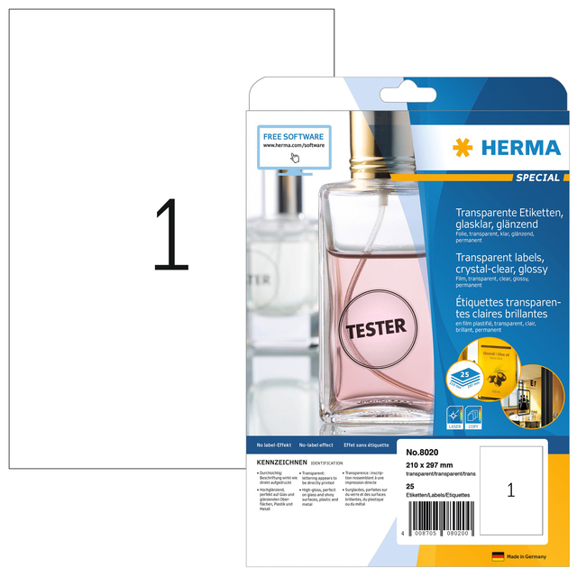 Etiket HERMA 8020 210x297mm transparant 25 etiketten