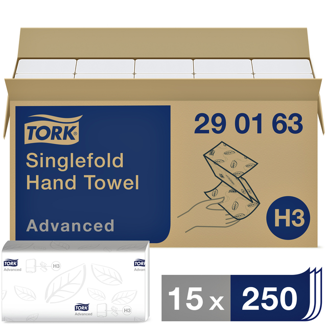 Handdoek Tork H3 Advanced singlefold 2-laags 248x230mm 15x250 vel wit 290163