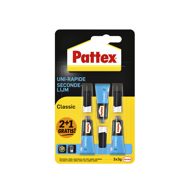 Secondelijm Pattex classic 3 gram blister 2+1 gratis