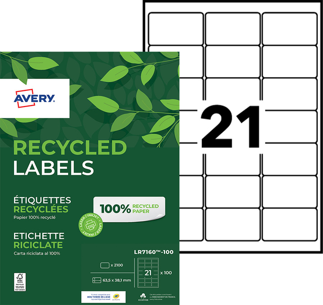 Etiket Avery LR7160-100 63.5x38.1mm recycled wit 2100 etiketten