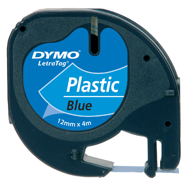 Labeltape Dymo LetraTag plastic 12mm zwart op blauw