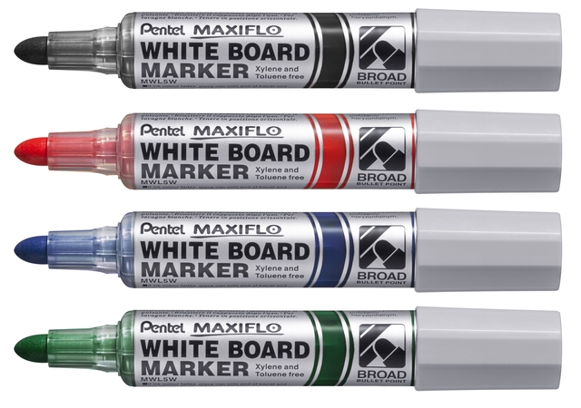 Whiteboardmarker Pentel MWL5M Maxiflo rond 3mm assorti set à 4 stuks