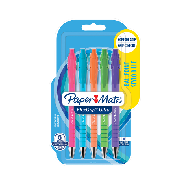 Balpen Paper Mate Flexgrip drukknop Bright fun medium schrijfkleur blauw blister à 5 stuks