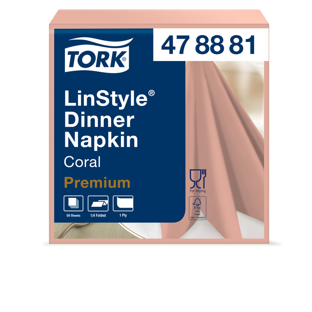 Dinerservet Tork Linstyle Premium 1/4 vouw 1-laags 390x390mm 50 vel koraal 478881