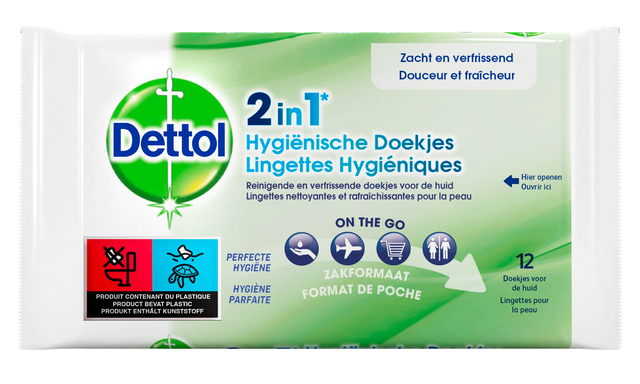 Hygiënische verfrissingsdoekjes Dettol Wipes 2-in-1 12st