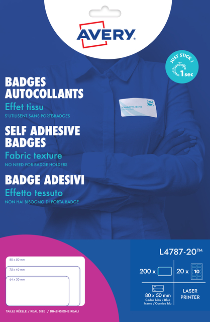 Naambadge etiket Avery L4787-20 80x50mm blauw kader 200 etiketten