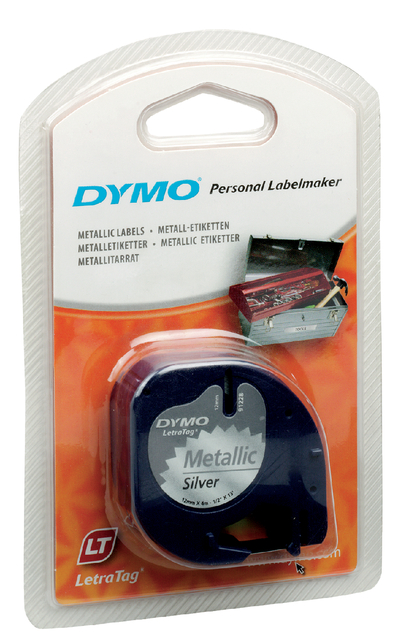 Labeltape Dymo LetraTag metallic 12mm zwart op zilver