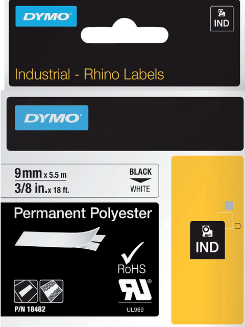 Labeltape Dymo Rhino industrieel polyester 9mm zwart op wit