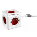 Allocacoc PowerCube Extended, stekkerdoos, 5 sockets, 3m, wit/rood