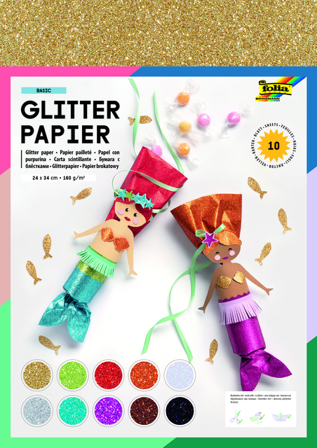 Glitterpapier Folia 1-zijdig 24x34cm 170gr 10 vel assorti