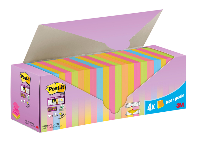 Memoblok 3M Post-it Z-Note R330 Super Sticky 76x76mm assorti kleur 20 + 4 gratis