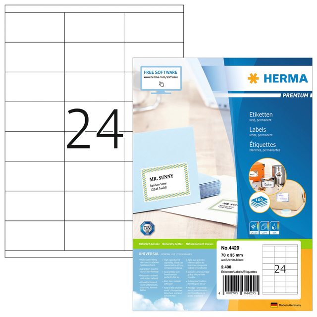 Etiket HERMA 4429 70x35mm premium wit 2400 etiketten