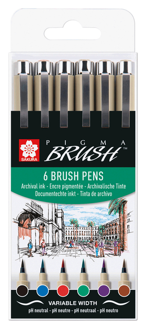 Brushpen Sakura Pigma Brush set à 6 stuks zwart