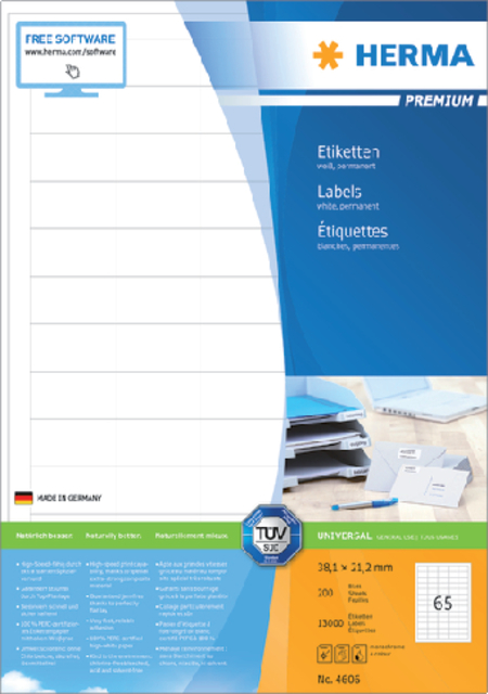 Etiket HERMA 4606 38.1x21.2mm premium wit 13000stuks