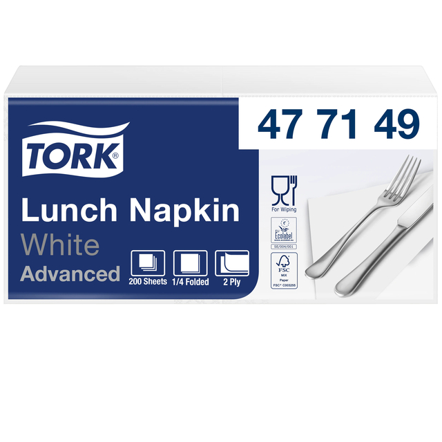 Lunchservet Tork Advanced 1/4 vouw 2-laags 328x325mm 200 vel wit 477149