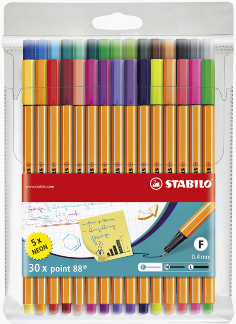 Fineliner STABILO point 88/30 fijn assorti etui à 30 stuks