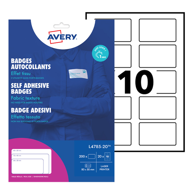 Naambadge etiket Avery L4785-20 80x50mm 200 etiketten