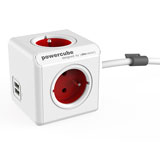 Allocacoc PowerCube Extended, stekkerdoos met USB poorten, 3 sockets type E, 1.5m, wit/rood