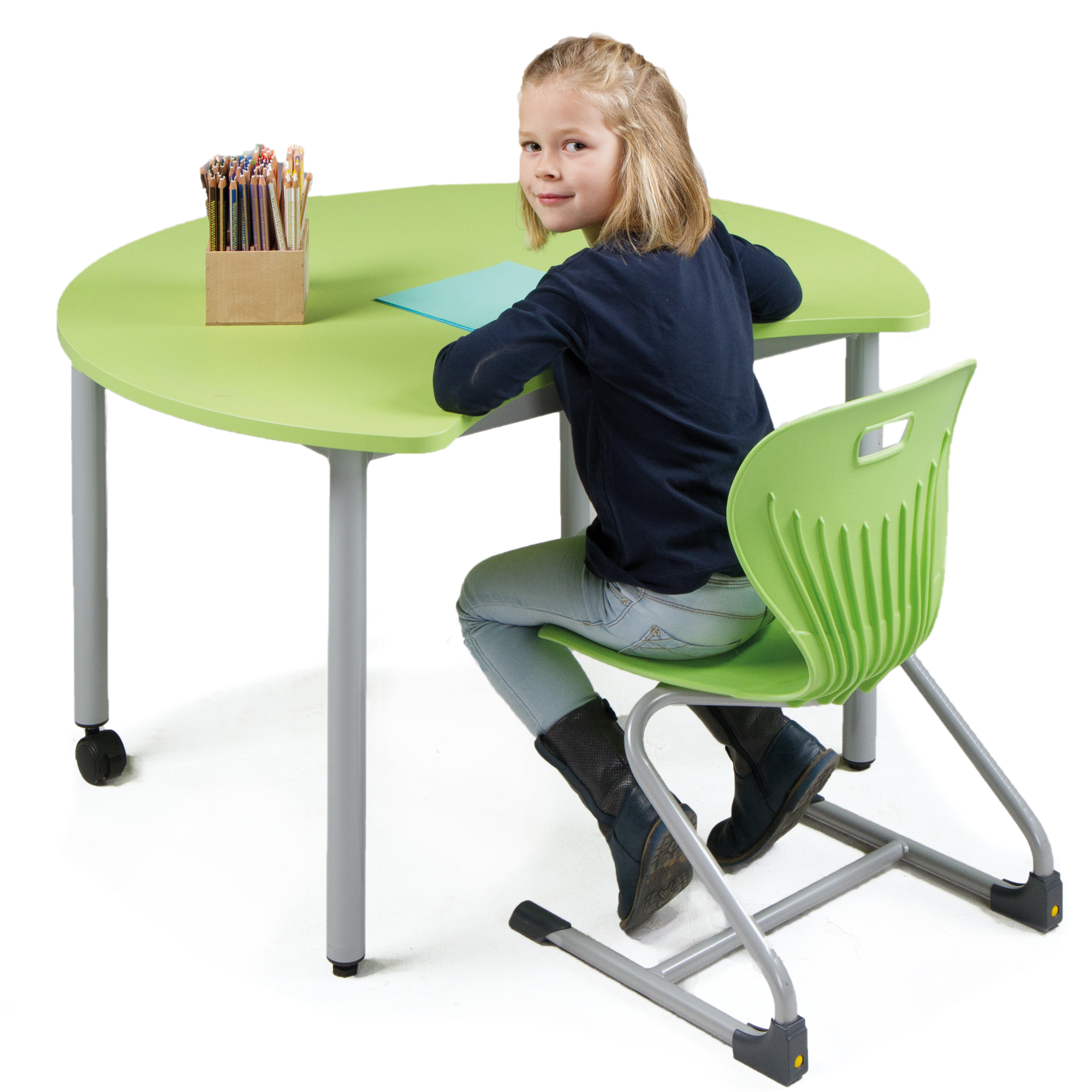 PAC-tafel met body-uitsparing, mobiele schooltafel met PowerSurf massief kernblad