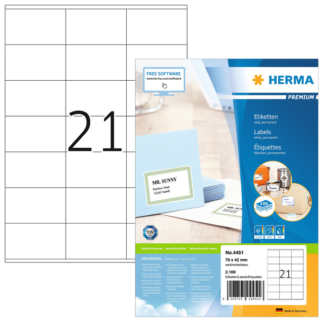 Etiket HERMA 4451 70x42mm premium wit 2100stuks