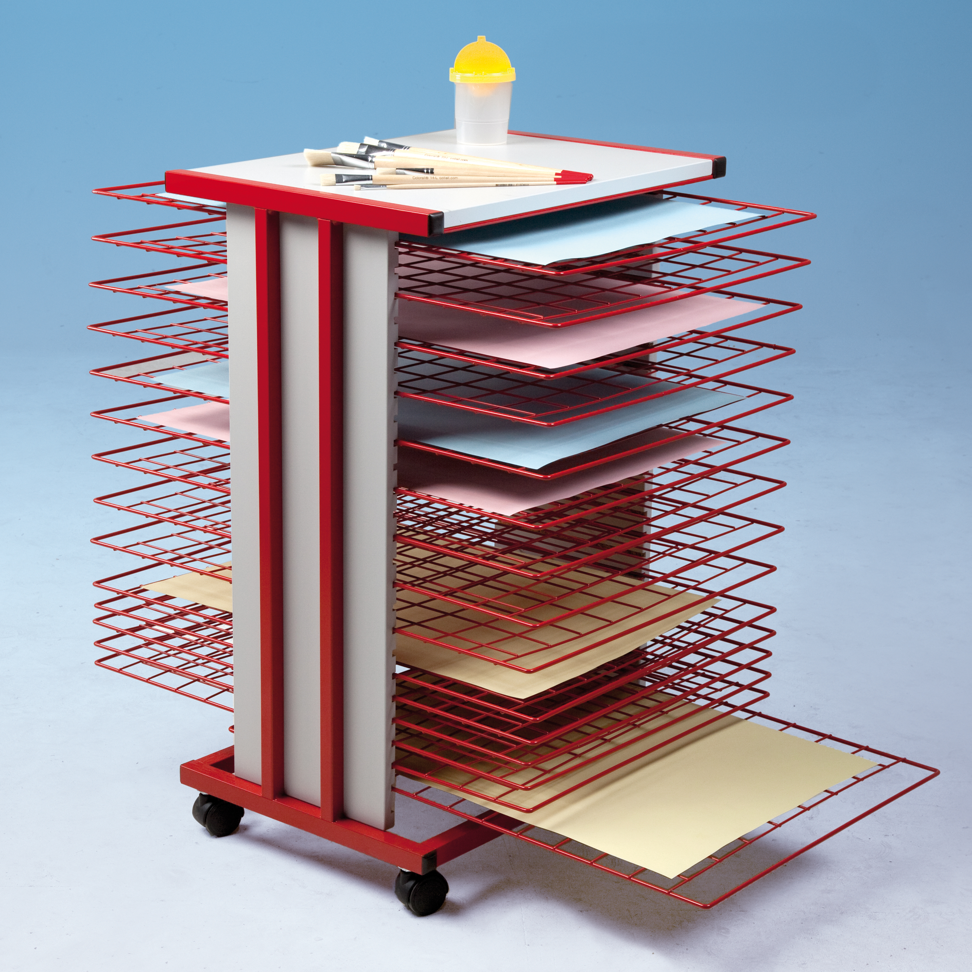 Droogtrolley met praktische opslag en 15 droogroosters tot DIN A2 formaat