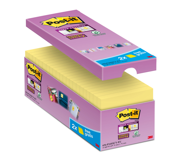 Memoblok Post-it 654 Super Sticky 76x76mm geel 14+2 gratis